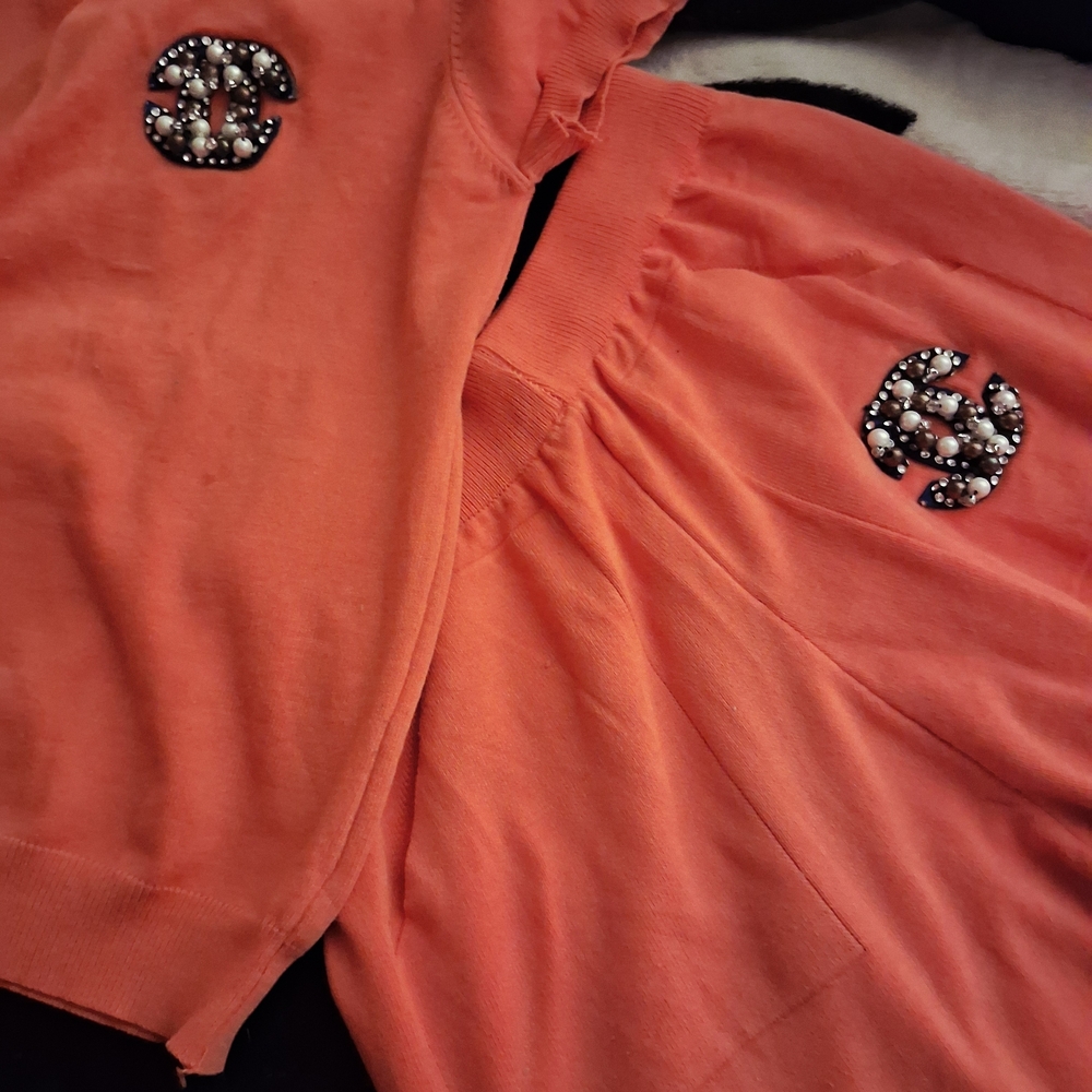 Coral Embellished double C Logo Sweater and Pants Set.